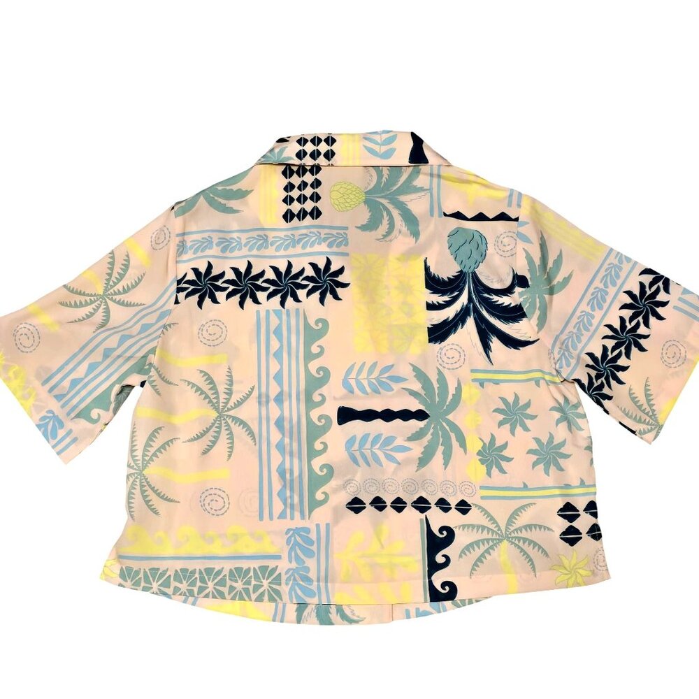 Rachel Zoe Tropical Cropped Button-Down Shirt Pastel Blue Yellow & Pink Size S - Picture 3 of 7